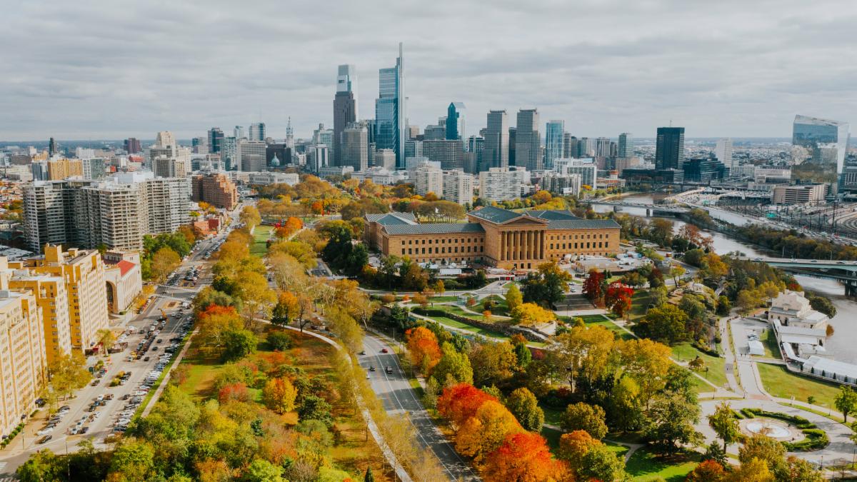 A birds eye view picture of a Philadelphia.